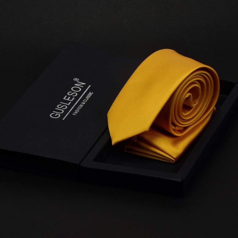 GUSLESON 2.4" Skinny Tie For Men Solid Gold Yellow Slim Necktie and Pocket Square Set (0754-19) - Image 4